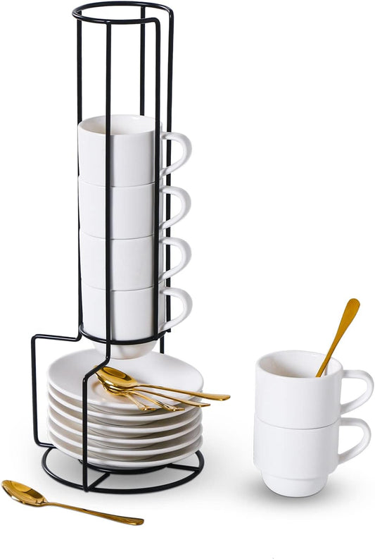 Lareina Porcelain Stackable Espresso Cups with Saucers, Spoons and Metal Stand, 3 Ounce Small Coffee Cups Set of 6 - Ceramic Demitasse Mugs, White