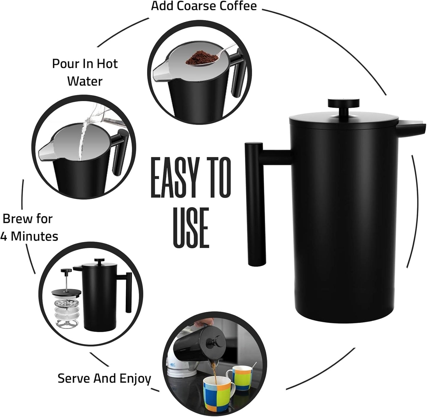 Utopia Kitchen Stainless Steel French Press Coffee Maker 50 Oz, French Press Tea Maker, Cold Brew Portable Travel Coffee Presses, Tea Press Gifts Black