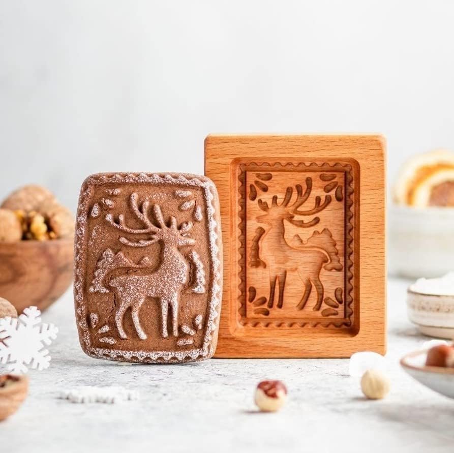 MOTEERLLU Wooden Cookie Molds Baking, Wood Cookie Stamp Cutter Carved Biscuit Embossing Gingerbread Mold