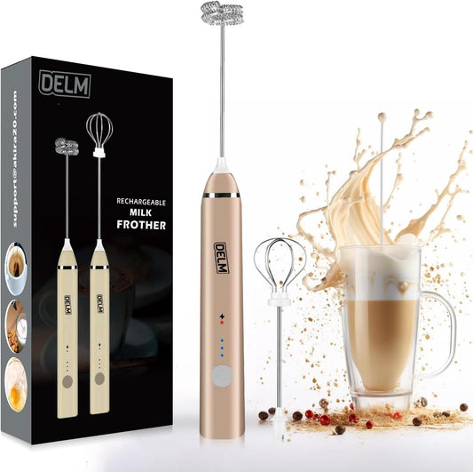 Delm Milk Frother Electric USB Stainless Steel Accessory - Frother Wand Foam Maker for Lattes - Milk Frother Handheld for Cappuccino, Frappe, Matcha, Hot Chocolate - Frother for Coffee (beige/gold)