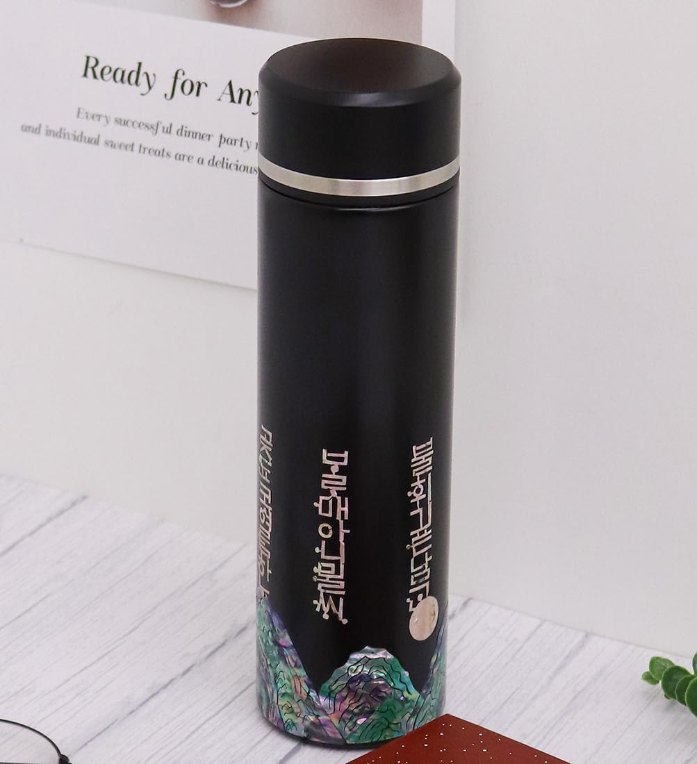Mother of Pearl Design Stainless Steel Water Bottle with Tea Infuser Strainer 17 oz Leakproof Screw Cap Wide Mouth Double Wall Vacuum Insulated Travel Sport Water Flask Thermo Mug (Hangeul Black)