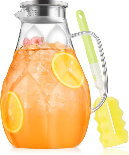 Glass Pitcher With Lid, 102oz Unique Petal Design, Stainless Steel Large Iced Tea Pitcher, Easy To Clean Lightweight Borosilicate Glass For Cold And Hot Beverages