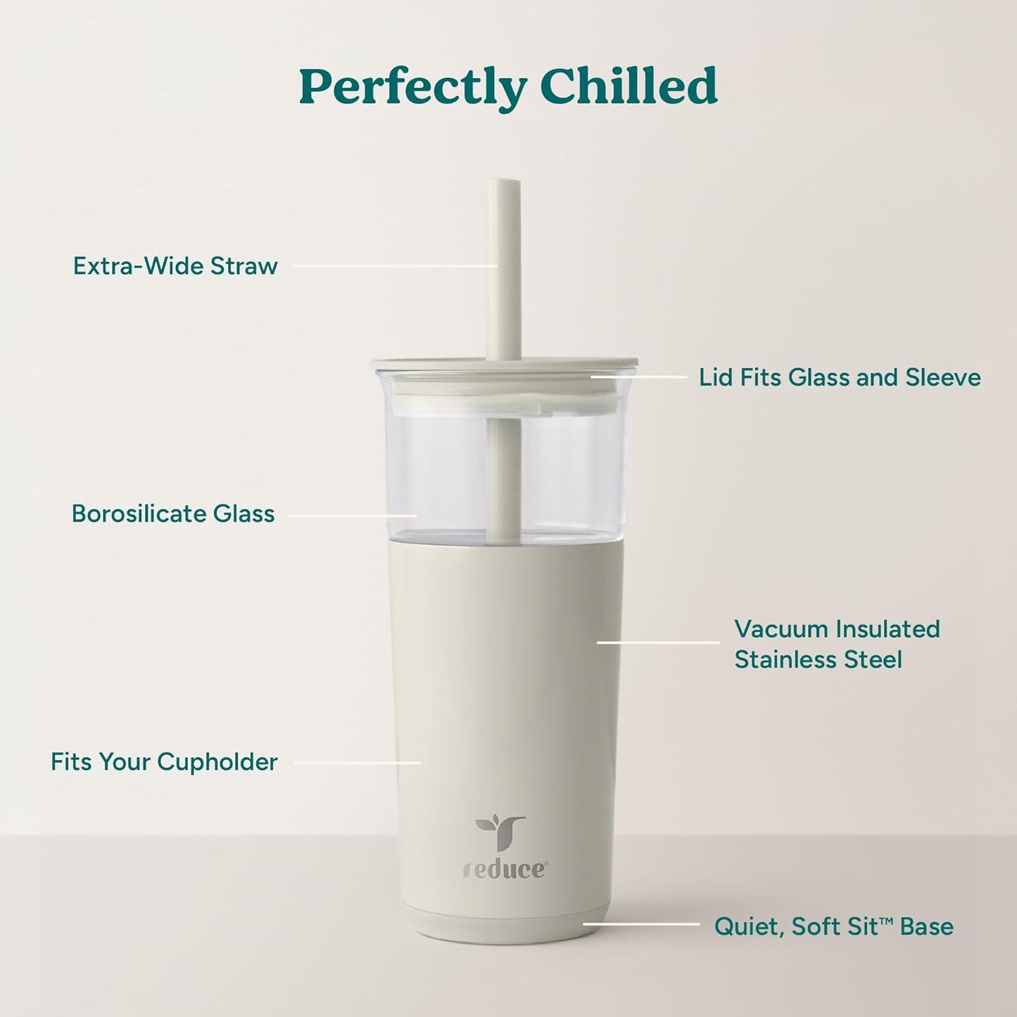 REDUCE Aspen 20 oz Vacuum Insulated Glass Tumbler with Lid & Extra Wide Straw - Keeps Drinks Cold for 12 Hrs - Ideal for Iced Coffee, Smoothies & Boba - Dishwasher Safe, Soft Base - Unbleached