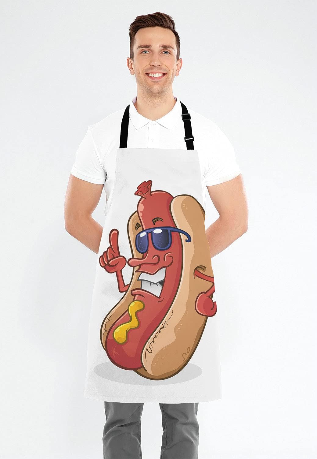 Hot Dog Cartoon Character Wearing Sunglasses Adjustable Bib Apron Kitchen Cooking Baking Gardening Apron for Women Men