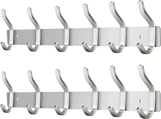 Wall Hooks Heavy Duty, 17 Inch Coat Rack Wall Mount with 6 Hooks,Silver Wall Hooks Hangers for Entryway, Bathroom - for Hanging Backpack, Bag, Coat, Purse, Hat, Towel, Clothes,2 Packs