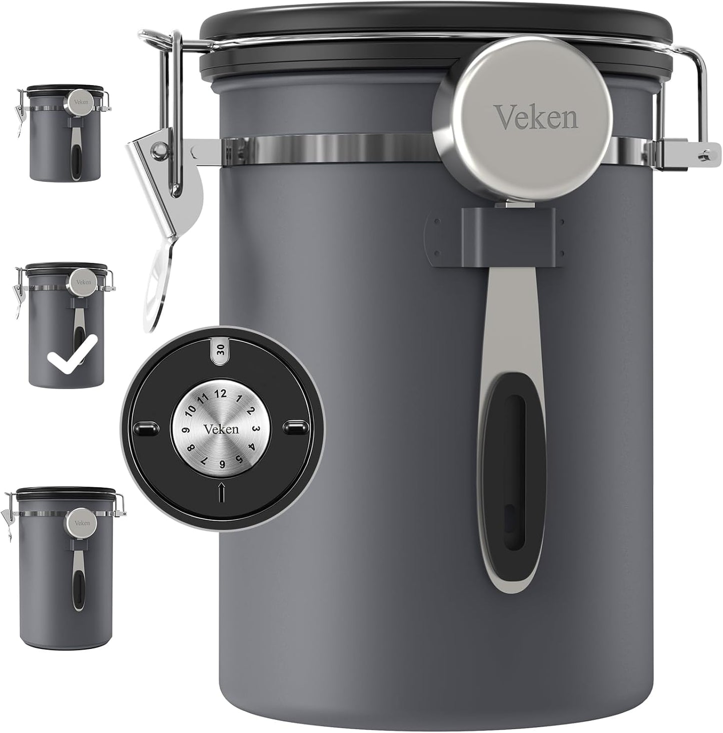Veken Coffee Canister, Airtight Stainless Steel Kitchen Food Storage Container with Date Tracker and Scoop for Grounds Coffee, Beans, Tea, Flour, Cereal, Sugar, Cookies Jars, 22OZ Gray