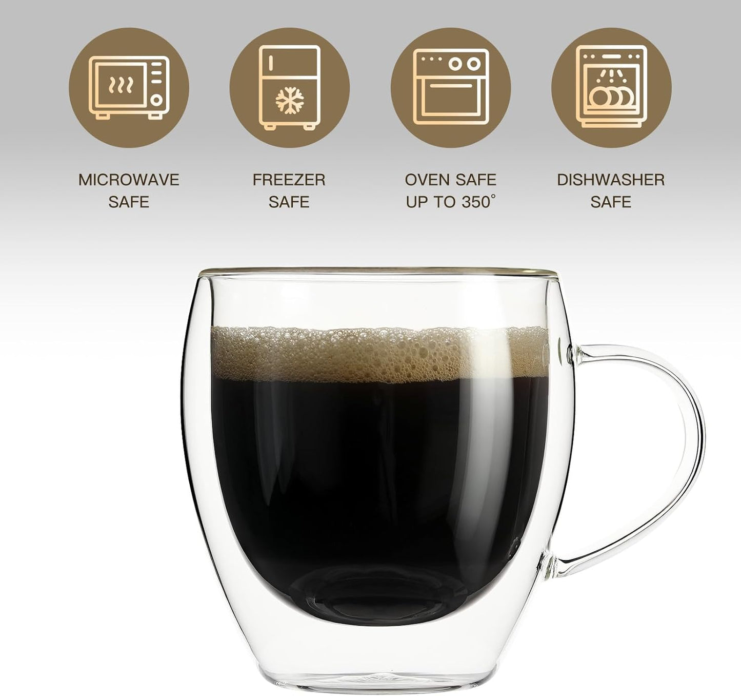 Aurzen 2 Pack Double Walled Glass Coffee Mugs with Handles 8.5oz, Large Insulated Layer Coffee Cups, Clear Borosilicate Mugs, Perfect for Cappuccino, Tea, Microwave Safe (8.5oz-2Pack)