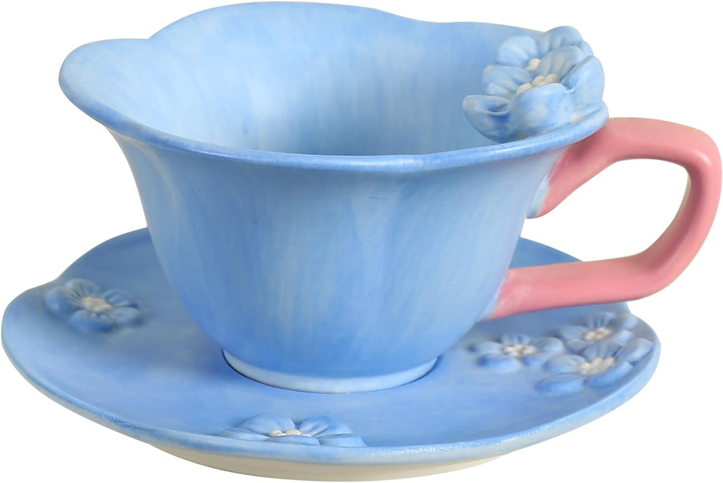 Floral Tea Cups and Saucers, Ceramic Cute Coffee Mug for Women Tea Party, Cappuccino Latte Milk (Blue)
