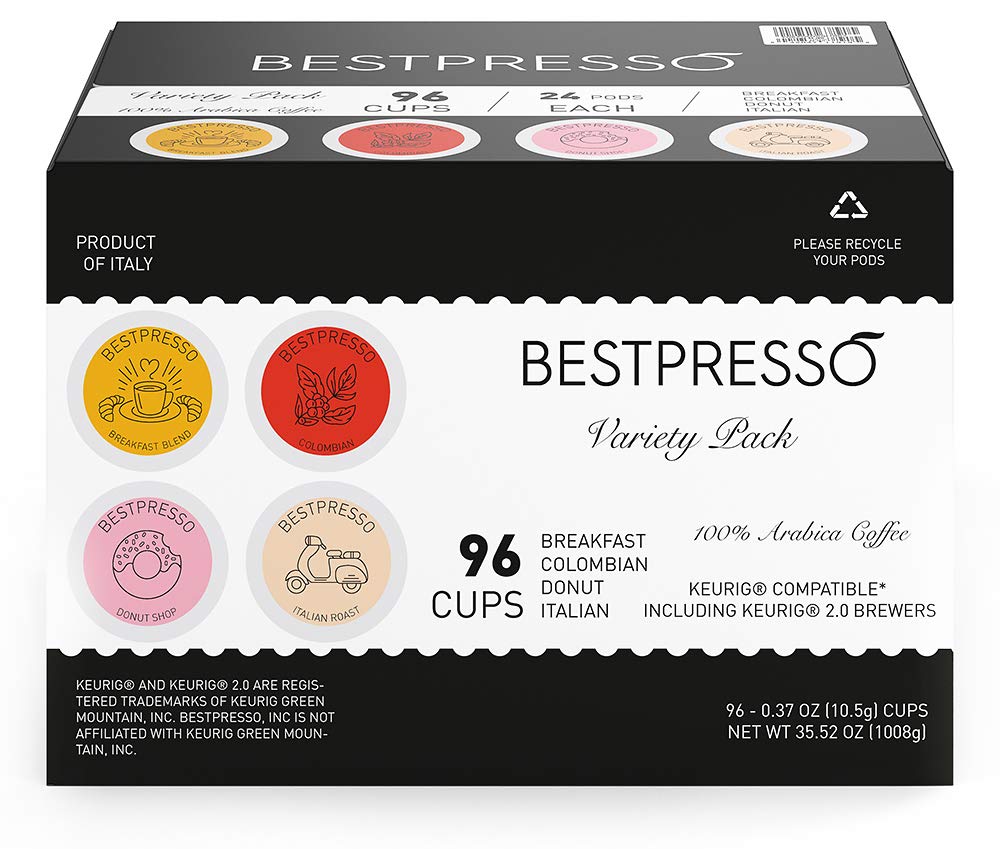 Bestpresso Coffee, Variety Pack Single Serve K-Cup Pods, 96 Count. Includes Breakfast, Colombian, Donut and Italian (Compatible With 2.0 Keurig Brewers) 8 Packs Of 12 Cups
