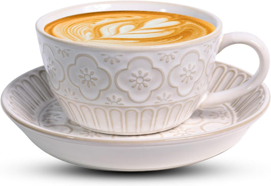 Latte Cup with Saucer, 12 OZ Cappuccino Cup Vintage Cafe Art Cups for Espresso Turkish Coffee, Farmhouse Latte Mugs Tea Cups and Saucers Porcelain Set for Baristas Great Gift