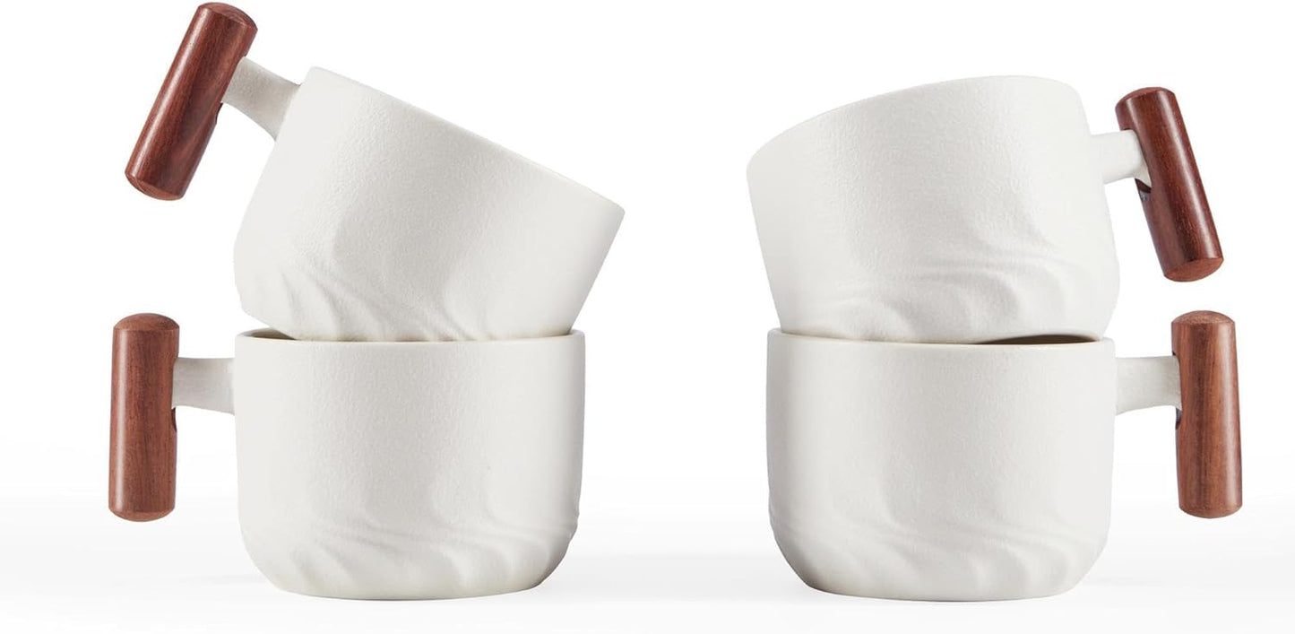 6oz Ceramic Espresso Cups with Wooden Handle, Small Coffee Cups for Latte Cappuccino, Tea Cups Set of 4