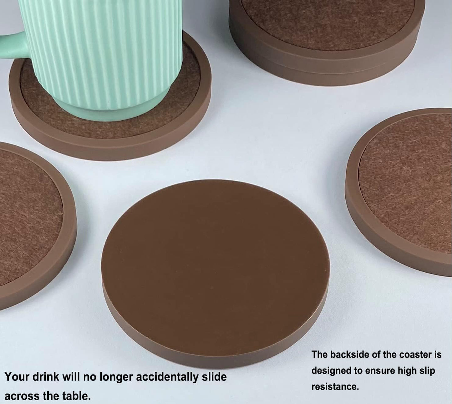Absorbent Coasters for Drinks with Holder - 6packs, Silicone Coaster with Soft Felt Insert (4.3 inch Coasters with 4.5 inch Holder, Brown)