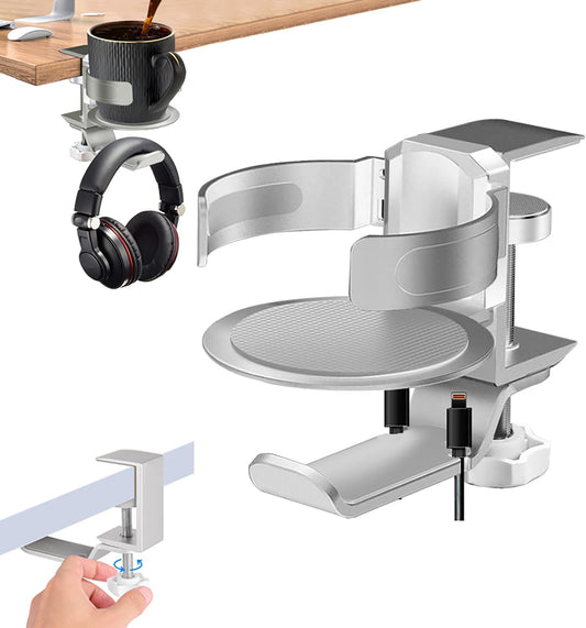 3 in 1 Gaming Cup Holder Multifunctional Desk Mounted Cup and Headphone Holder, Adjustable Clamp Mount, 15KG Load Capacity, Fits 2.8-3.5 inch Cups and Bottles,Coffee Lover Gamer Gear (Silvery)