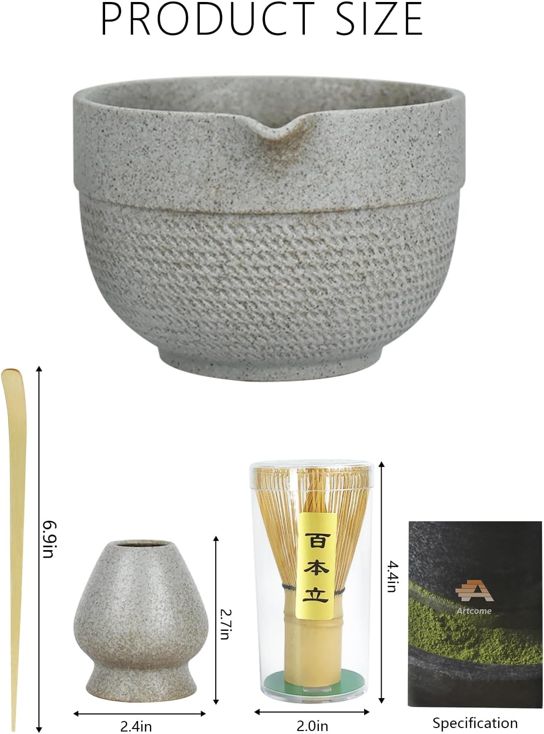 Matcha Tea Set – 4 Piece Traditional Japanese Matcha Kit with Pouring Spout Bowl, Whisk, Holder, Scoop & Guide – Ceramic Matcha Bowl for Authentic Tea Ceremony & Daily Ritual