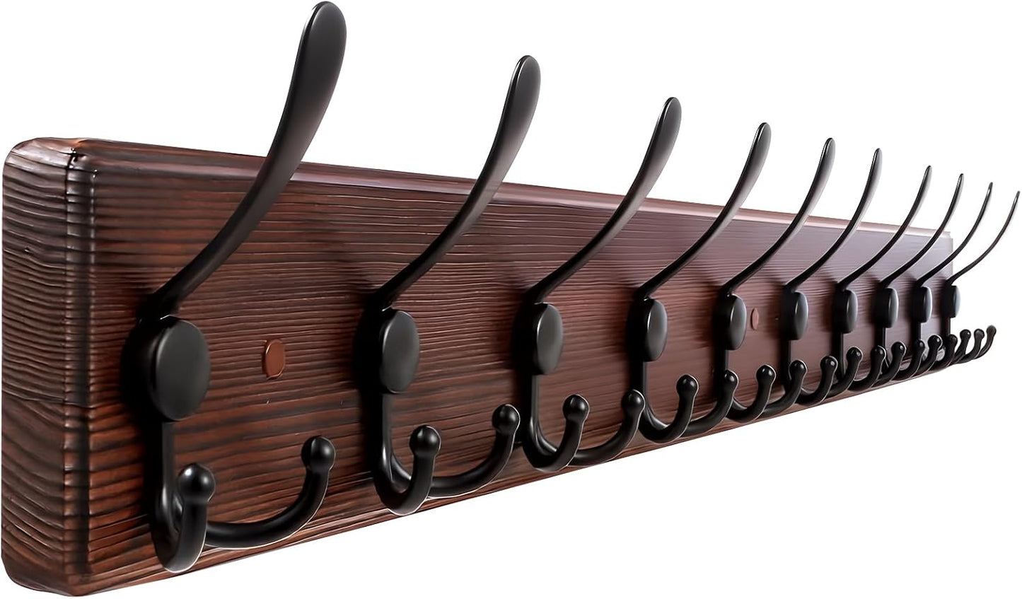 38.6'' Large Coat Rack Wall Mount Coat Hooks Coat Hanger with 10 Metal Black Triple- Hooks Brown Pine Real Wood Plank Hat Rack for Wall Hooks for Hanging Coat Hat Jacket