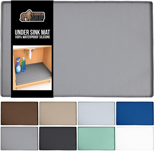 GORILLA GRIP Waterproof Silicone Under Sink Mat with Raised Lip for Kitchen and Bathroom, 34 x 22 in, Cabinet Shelf Liner Stay in Place Mats Dishwasher Safe Drawer Liner, Organizer Tray, Gray
