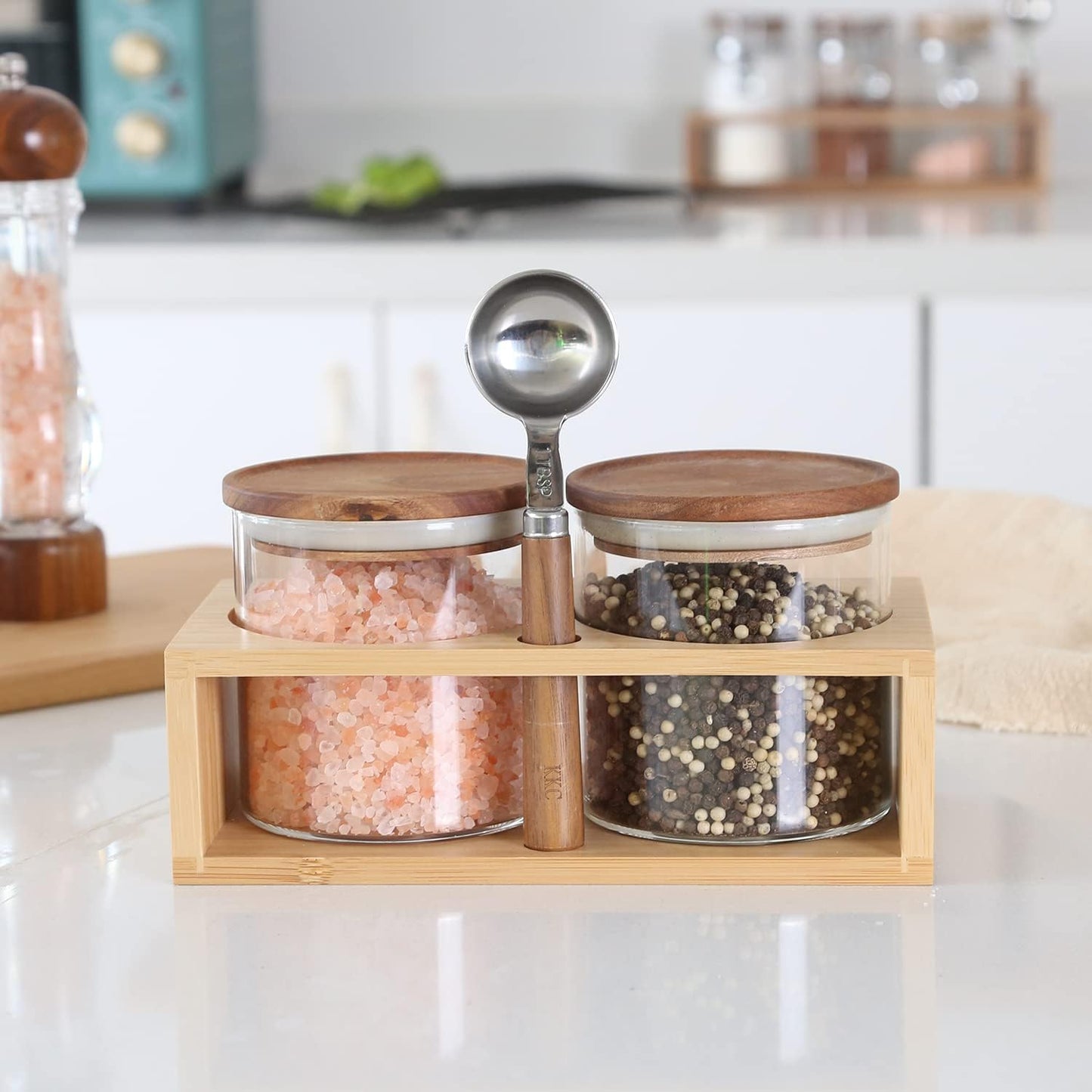 KKC HOME ACCENTS Airtight Borosilicate Glass Food Storage Jars with Wood Lids and Scoop for Coffee,Tea,Sugar,Salt,Wooden Top Glass Sealed Jars,18 Fluid Ounces