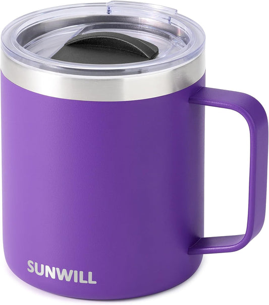 SUNWILL Insulated Coffee Mug with Lid, Travel Tumbler with Handle, 14 oz Stainless Steel Cup for Camping, Office, Home, Powder Coated Purple