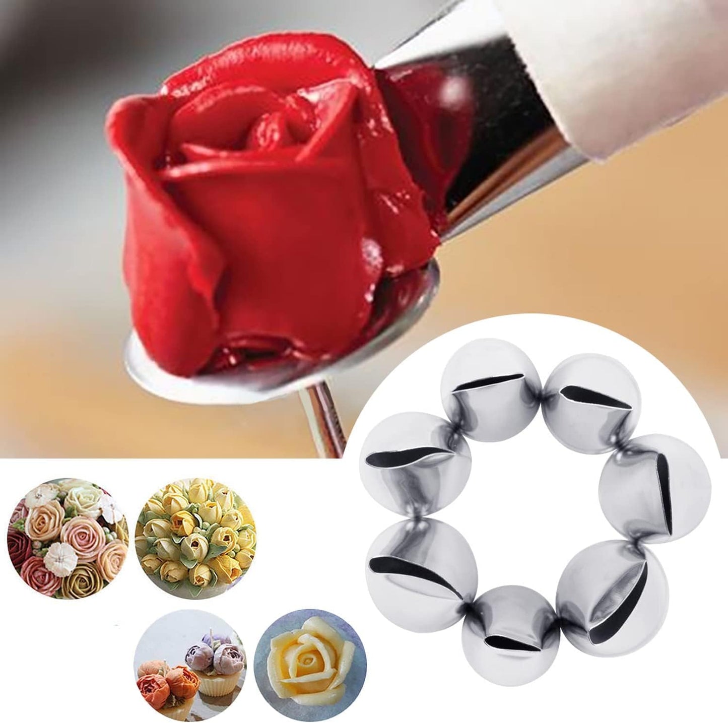 8 Pcs Rose Flower Piping Tips Set,Petal Icing Tips,PipingRose Nozzle,Stainless Steel Cake Decorating Pastry Tools, for CakeDecorating,with A Cleaning Brush (Rose-8pcs)
