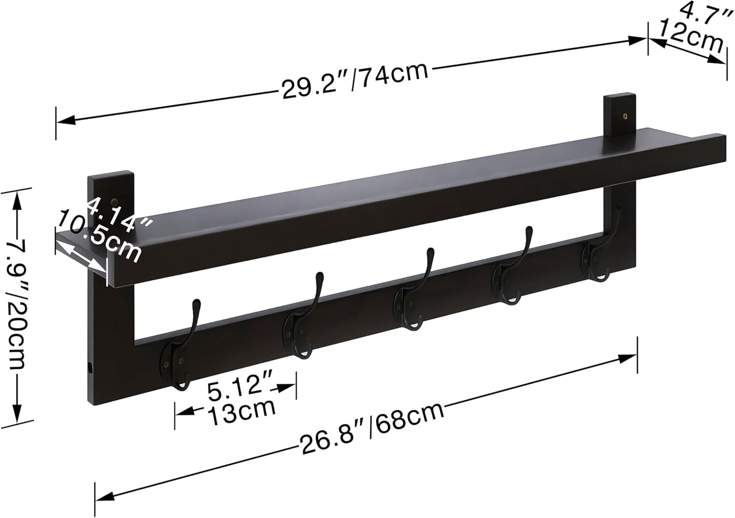 SMIBUY Coat Hooks with Shelf Wall-Mounted, 29.2 Inch Entryway Coat Rack for Wall, Bamboo Hanging Shelf with 5 Double Metal Hooks for Bathroom, Bedroom, Kitchen, Living Room, Mudroom (Black)