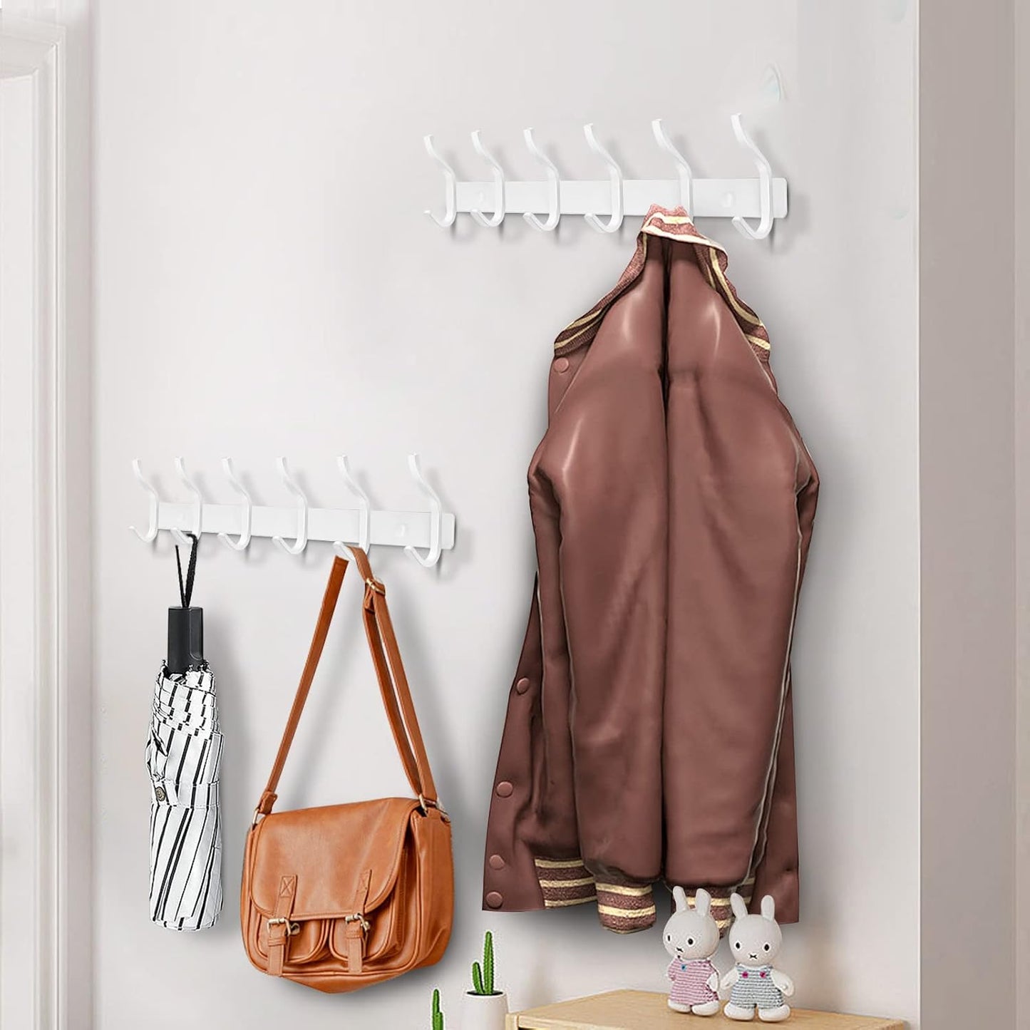 White Wall Hooks Heavy Duty, 17 Inch Coat Hooks Wall Mount with 6 Hooks,2 Packs Wall Hooks Hangers for Entryway, Bathroom - for Hanging Backpack, Bag, Coat, Purse, Hat, Towel, Clothes