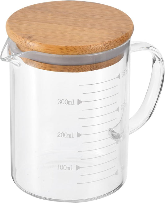 PATIKIL 350ml Glass Measuring Cup, 3.3 Borosilicate Glass Graduated White Printed Scale Liquid Measure Cups Beaker with Wood Lid and V-Shaped Spout for Kitchen