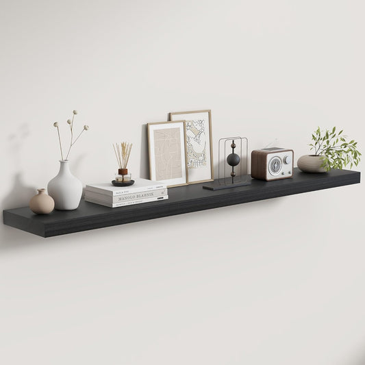 Fun Memories Rustic Real Wood Floating Shelves, 8 Inch Deep Floating Shelf Wall Mounted, 48" W x 8" D Wall Shelves Storage Shelves for Living Room, Bedroom, Bathroom, Black Finish, Set of 1