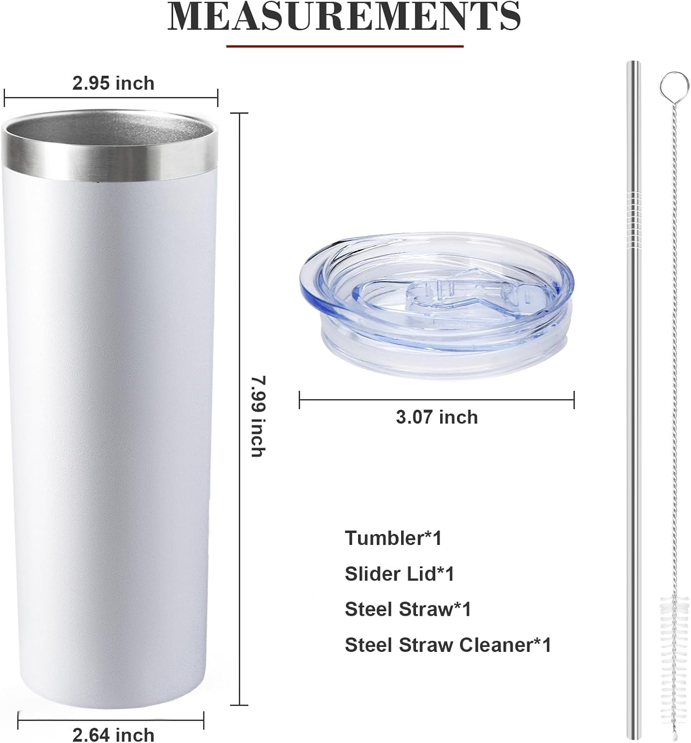 20 oz Skinny Tumbler with Lid and Straw,Stainless Steel Vacuum Insulated Tumbler Cup Double Wall Leak-proof Coffee Mug,Travel Thermal Water Tumbler for Home,Office,Outdoor(White,1)