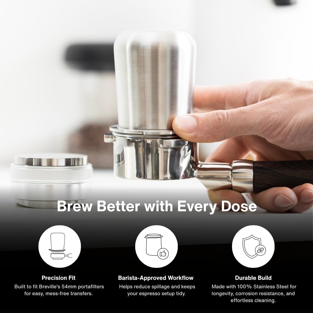 Crema Coffee Products 54mm Dosing Cup | Compatible with Breville Portafilters etc | Durable 100% Stainless Steel | Built-In Grinder Tab for Easy Transfer | Sleek, Mess-Free Design | White Finish