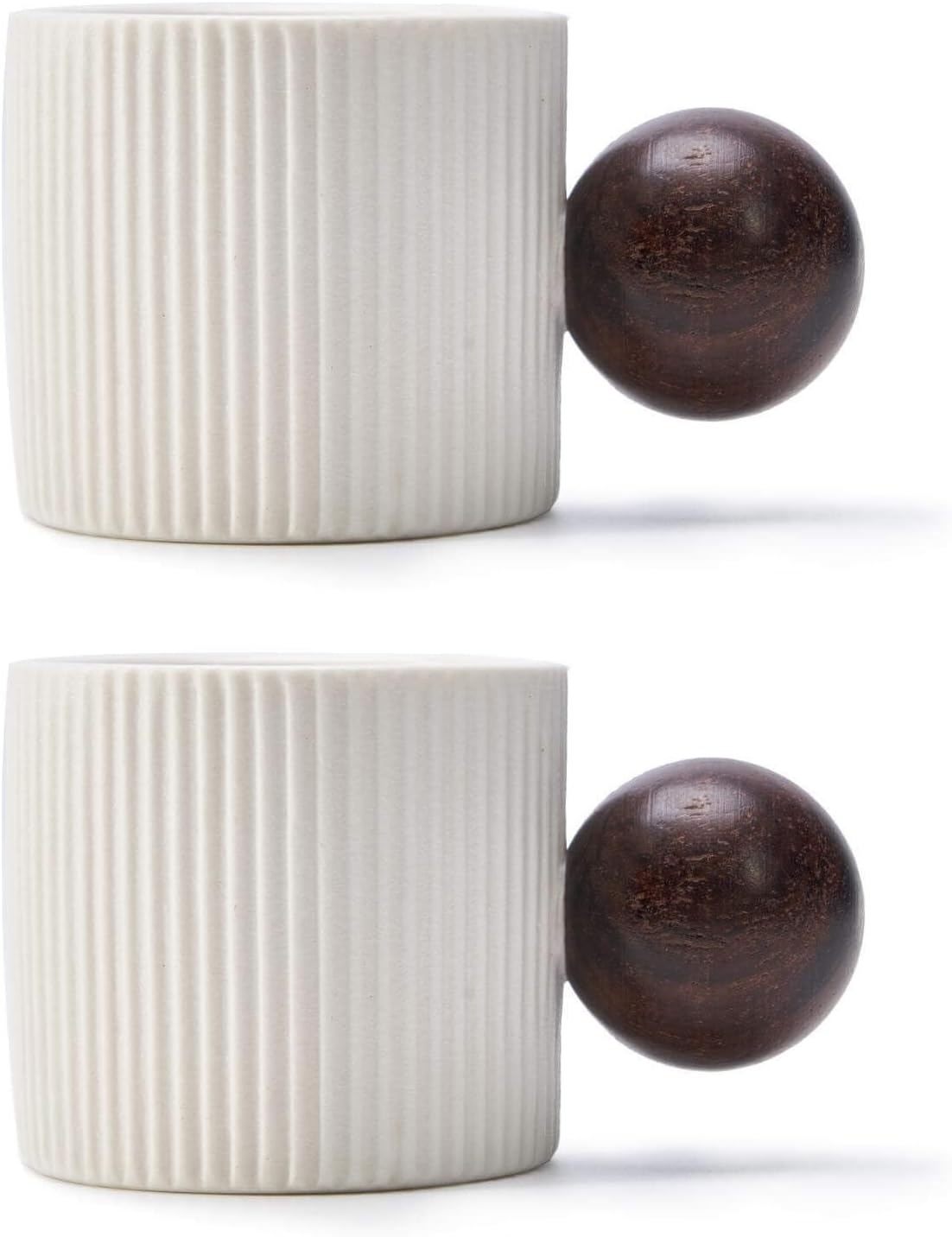 Ceramic Mini Espresso Cups Demitasse Cups with Round Wooden Handle Vertical Stripes Tea Cups (white, 2pcs)
