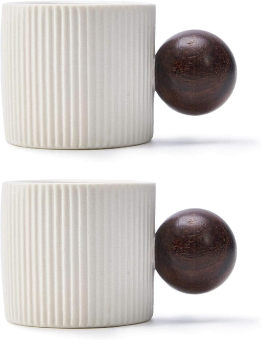 Ceramic Mini Espresso Cups Demitasse Cups with Round Wooden Handle Vertical Stripes Tea Cups (white, 2pcs)