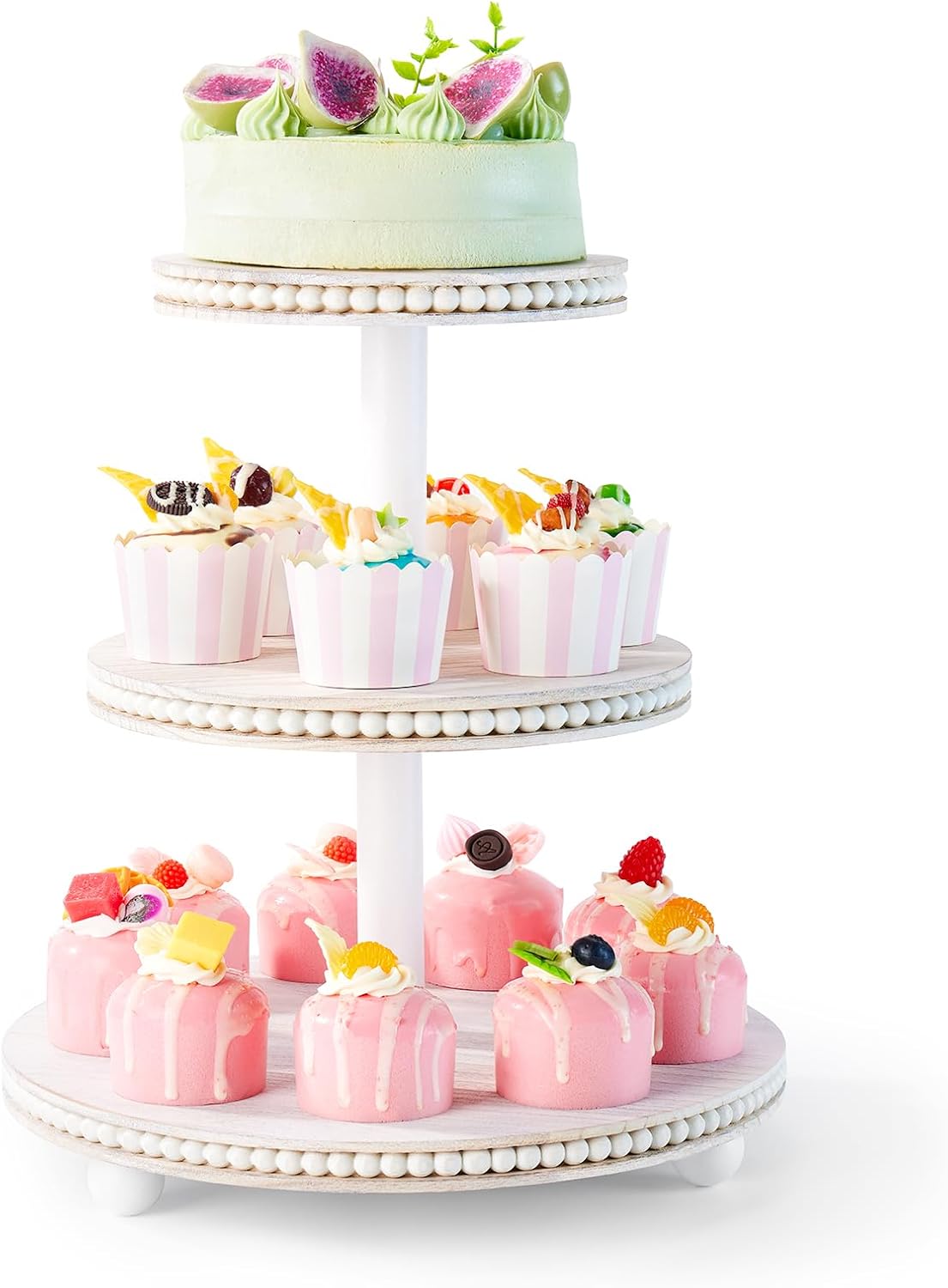 3 Tier Cupcake Stand Round,Wood Cupcake Stand with Beads,Tiered Cake Stand for 24 Cupcakes,Dessert Display Stand,Cupcake Tower for Party, Wedding, Birthday, Home Decor