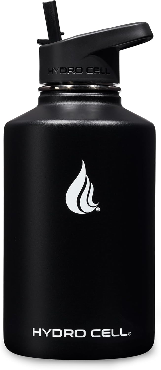 HYDRO CELL Stainless Steel Insulated Water Bottle with Straw - For Cold & Hot Drinks - Metal Vacuum Flask with Screw Cap and Modern Leakproof Sport Thermos for Adults (Black 64oz)