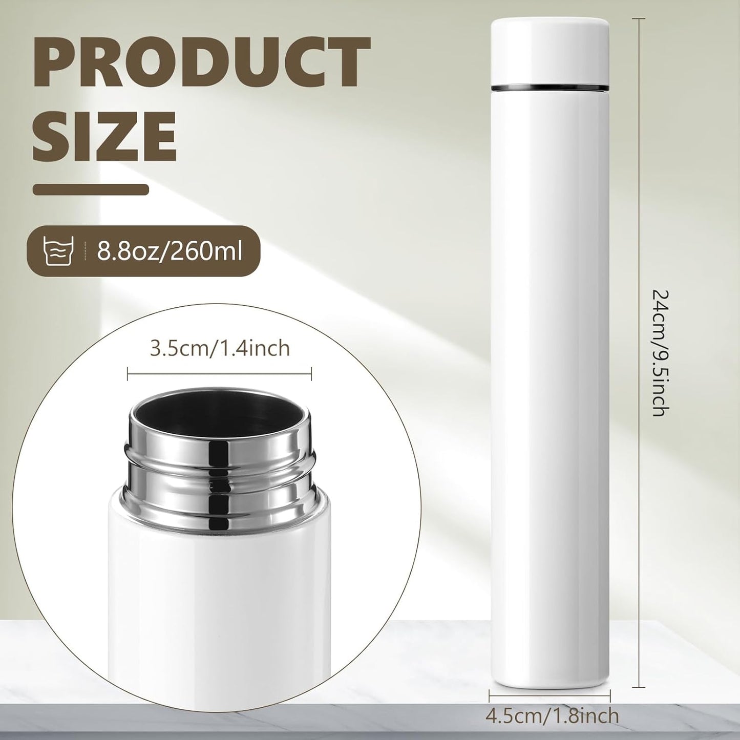 Vesici 1 Pack Slim Water Bottle 8.8 oz Small Stainless Steel Purse Compact Insulated Water Bottles Camping Travel Backpack Pocket Flask for Car Cold Coffee Tea (White)