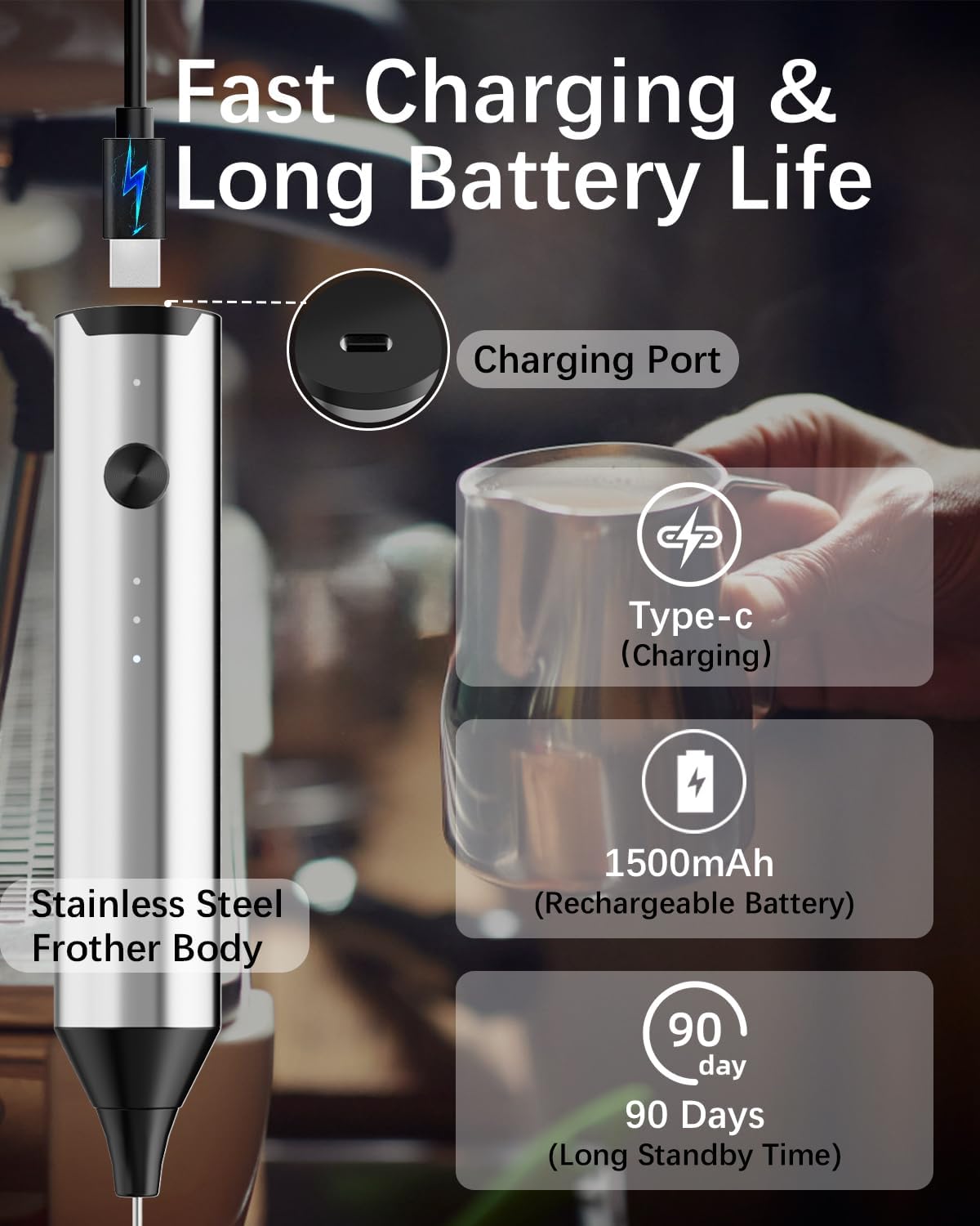 Rechargeable Milk Frother with Stand, Electric Frother Wand Handheld Coffee Foam Maker Detachable Stainless Steel Whisk Drink Mixer Foamer for Latte, Cappuccino, Hot Chocolate, Egg (Silver)