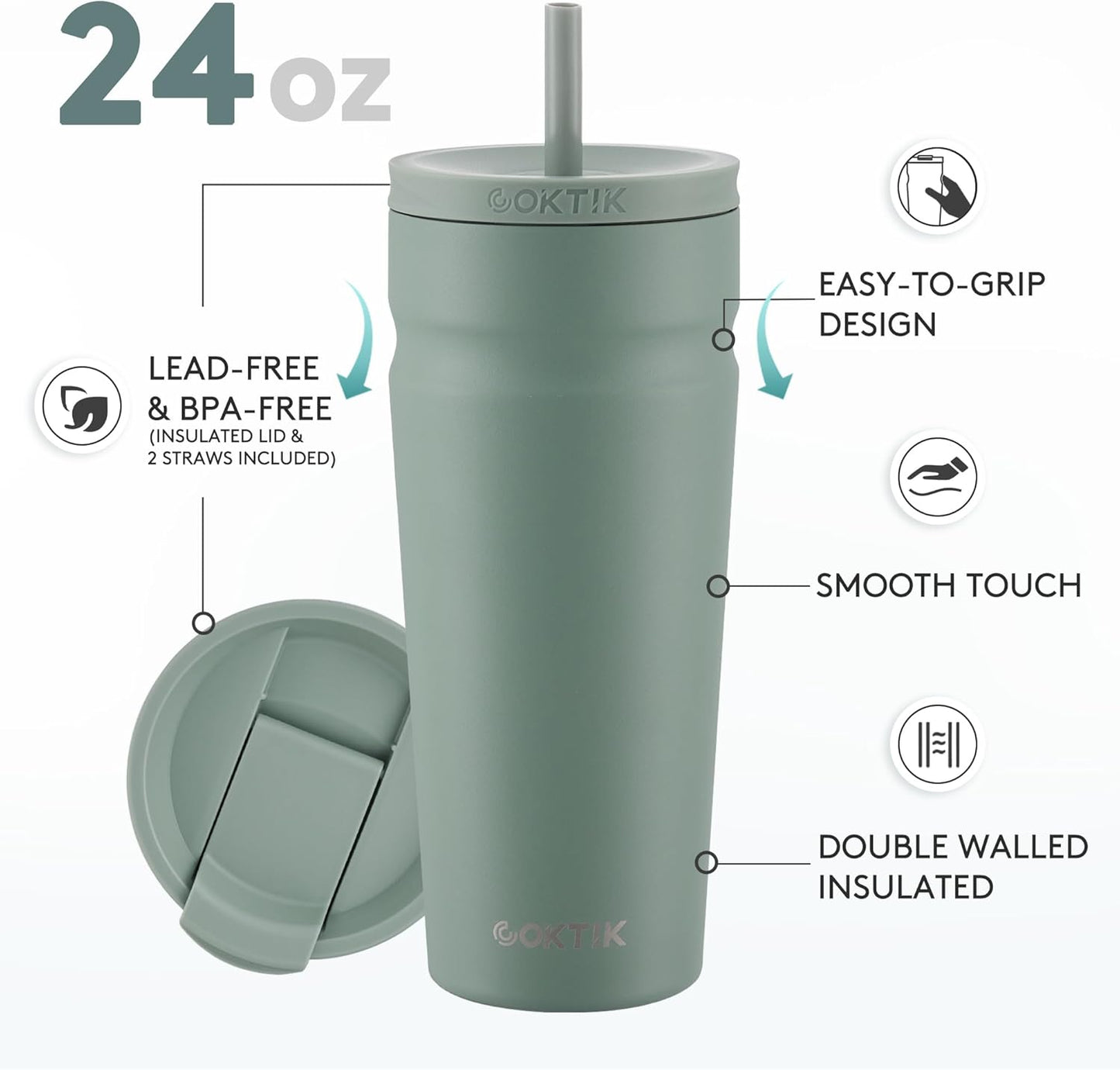 COKTIK 24oz Insulated Tumbler with Lid and Straw 2 Lids (Straw/Flip) Iced Coffee Cup Reusable Stainless Steel Travel Mug Water Bottle Cupholder Friendly for Women Men Her Him (Bay Leaf)