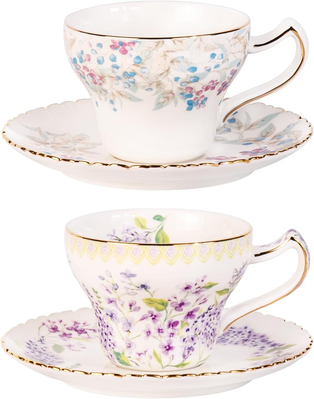 KAMMAK Tea Cups and Saucers Set of 2, Reinforced Porcelain Coffee Cups, 7.4-Ounce Stackable Espresso Mugs, Ceramic Demitasse for Coffee, Cappuccino, Latte, Americano, Tea, Lilac + Colorful