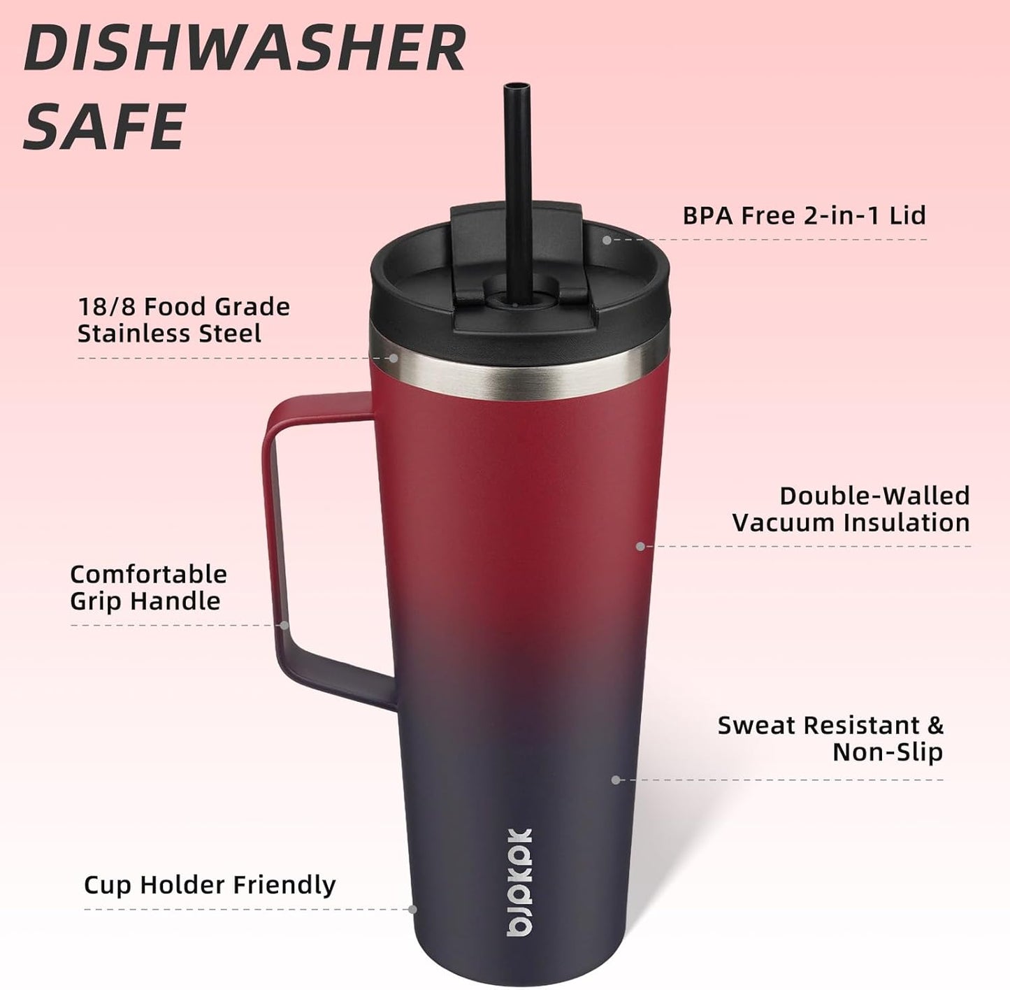 BJPKPK Insulated Tumbler with Handle, 26oz Insulated Tumblers with Lid and Straw, Stainless Steel Metal Water Bottles, Coffee Travel Mugs, Cups, Charming Red