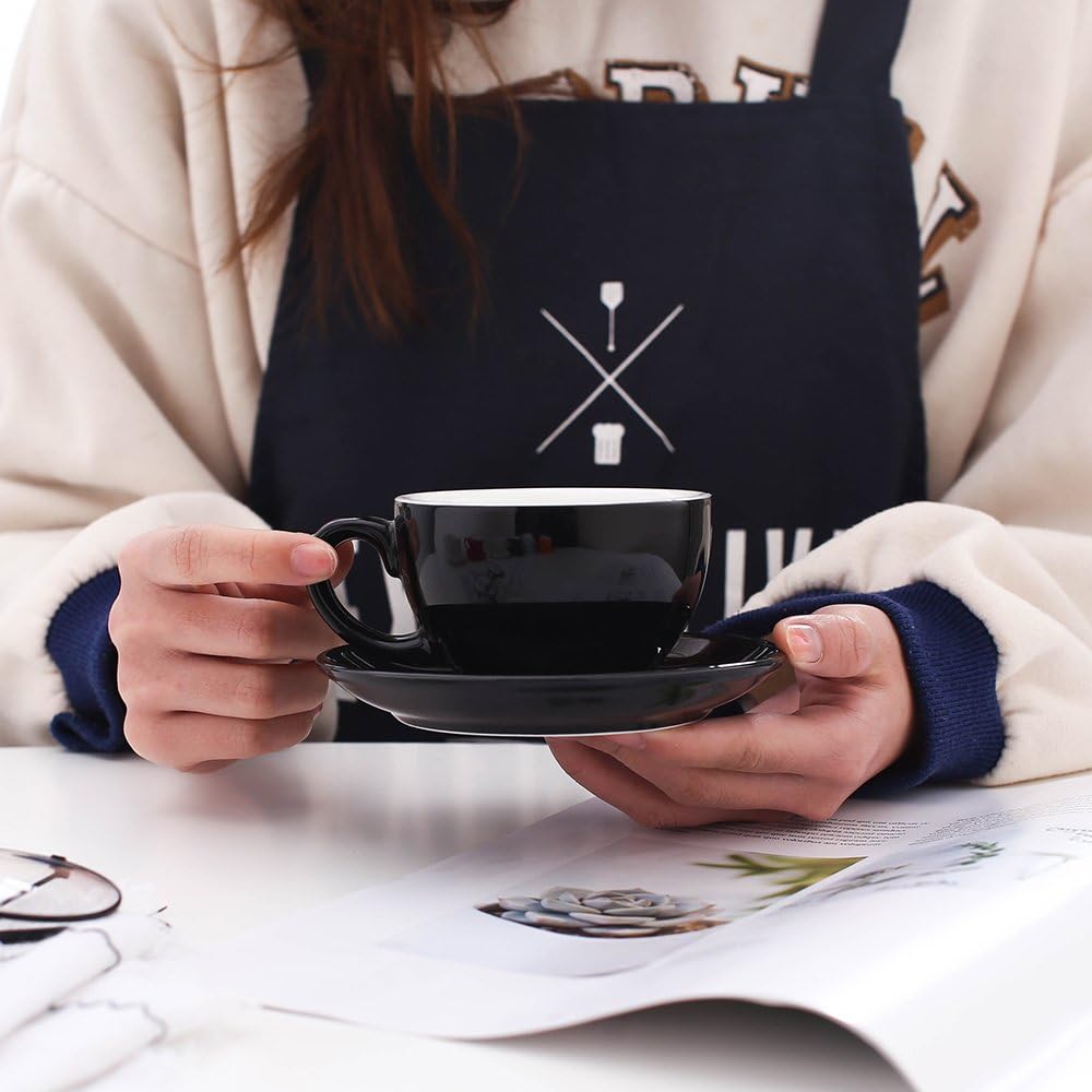 Cappuccino Barista Cup and Saucer Latte Art and Americano New Bone China for Coffee Shop (Glossy Black, 8.5 oz)