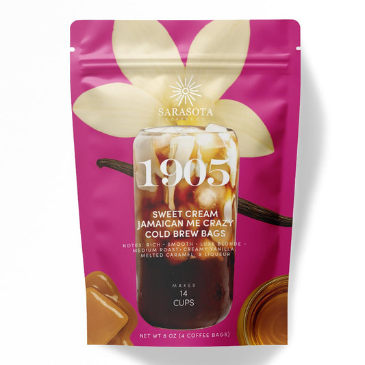 Sarasota Coffee 1905 Cold Brew Coffee Bags | Sweet Cream Jamaican Me Crazy | Blonde-Medium Roast | Smooth & Low Acid | Ground Filter Packs | Cold Brew Kit Makes 14 Cups | Creamy Vanilla & Caramel Notes