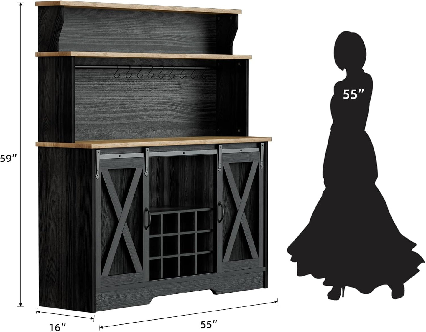 55'' Farmhouse Coffee Bar Cabinet with 3 Tier Storage Hutch, Coffee Bar Station with Sliding Barn Door, Hutch Storage Cabinet with 12 Wine Racks & 9 Hooks for Kitchen Dining Living Room