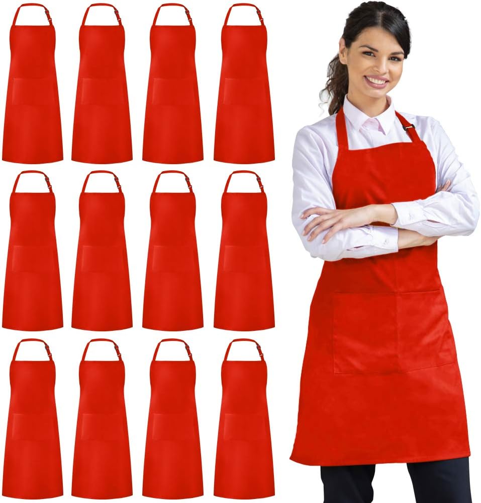 Syntus 12 Pack Bib Apron, Unisex Aprons Adjustable Waterdrop Resistant with 2 Pockets Cooking Kitchen Apron for Chef, BBQ Drawing Apron Bulk, Red