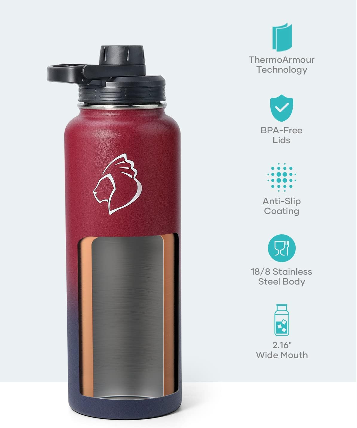BUZIO 40 oz Water Bottle Insulated with Straw & 3 lid and Carrying Pouch, Leak Proof Anti-Slip Stainless Steel Water Flask Jug, Cold for 48 Hrs Double Vacuum Thermo Canteen, BPA-Free, Ruby Red Navy