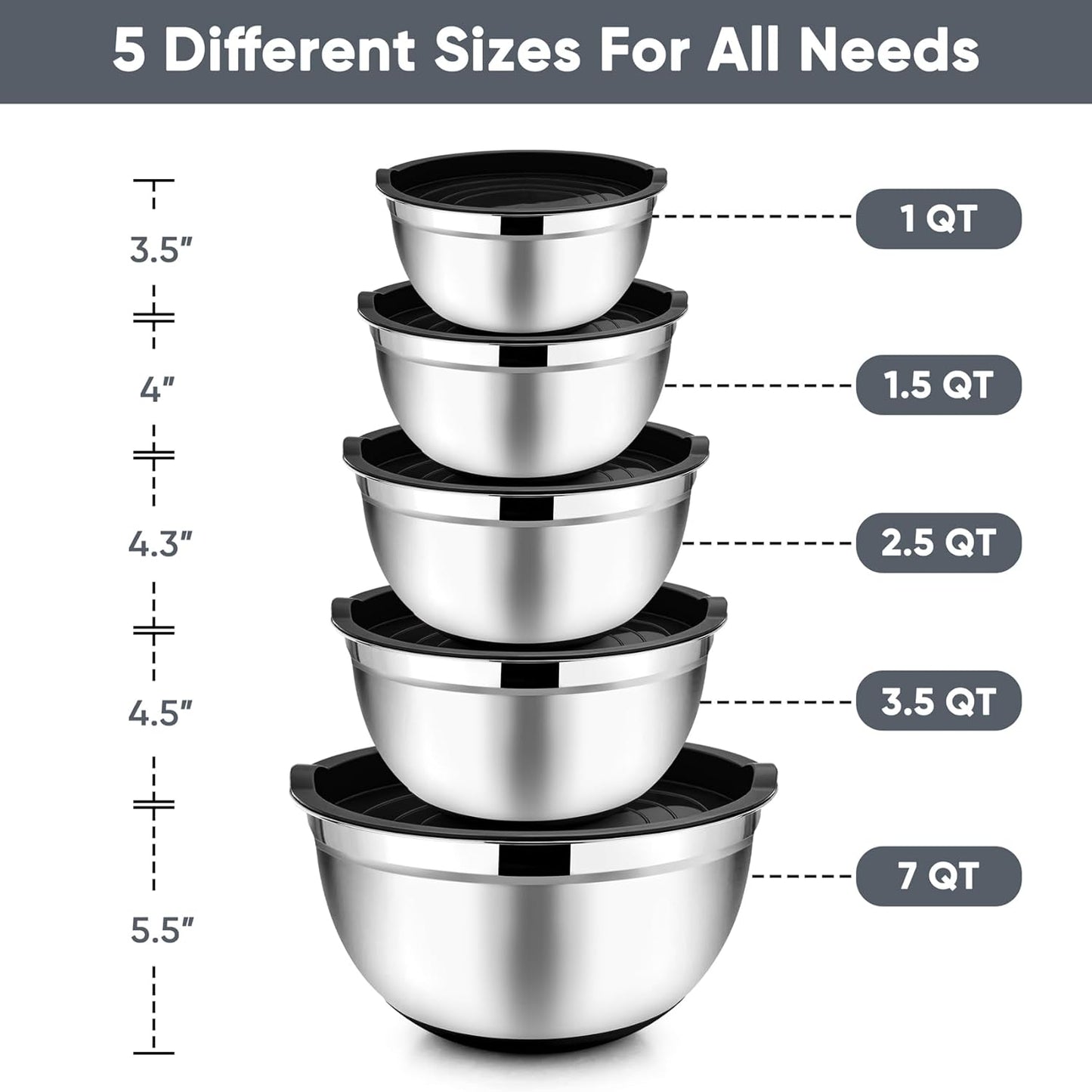 TeamFar Mixing Bowls with Lids Set, 7/3.5/2.5/1.5/1 QT, Stainless Steel Large Metal Salad Nesting Bowl, Non-Slip Silicone Bottom & Airtight Lid, Healthy & Deep - Set of 5(Black)