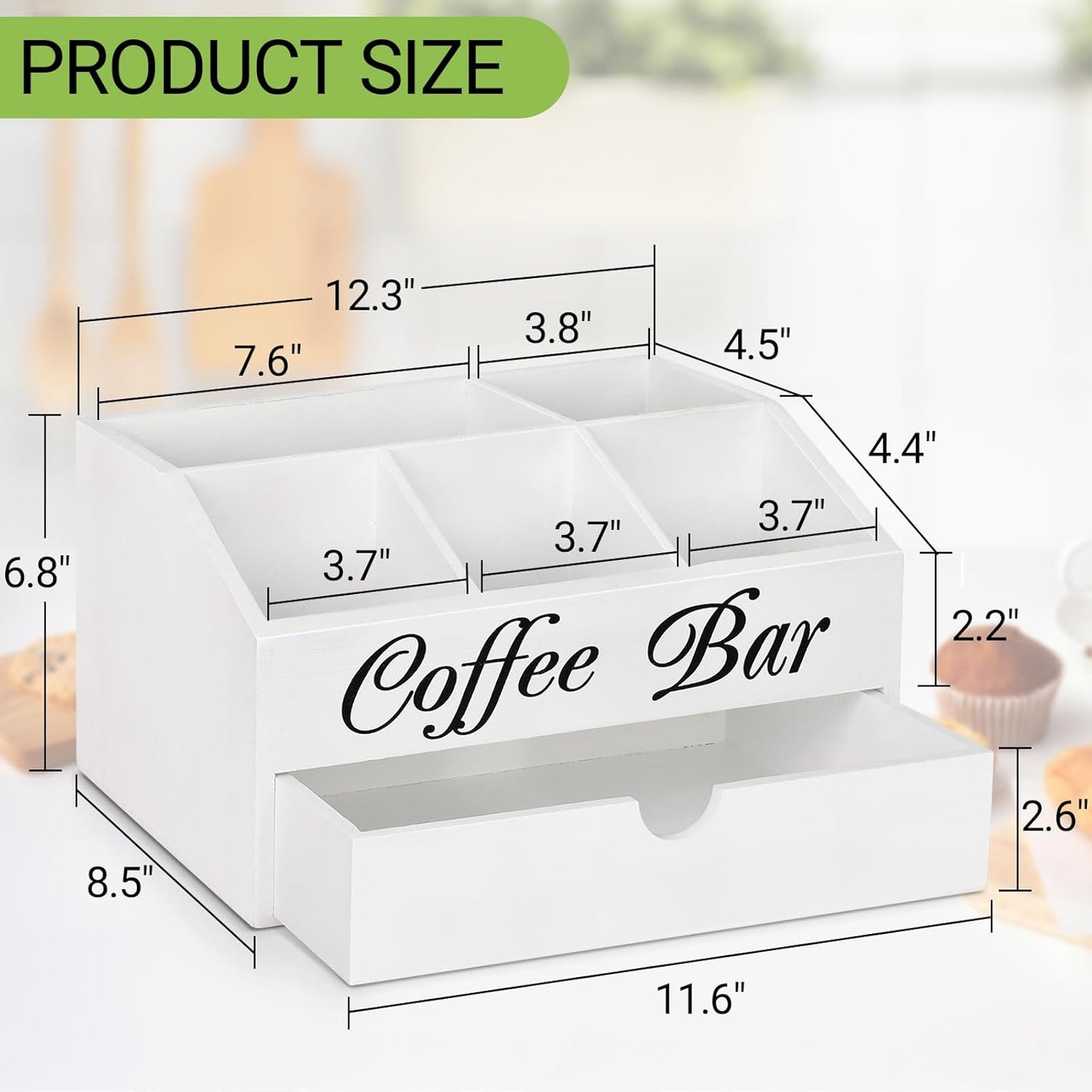 Wooden Coffee Bar Organizer Countertop With Drawer, Station Accessories, Pods Holder Storage Basket, Farmhouse Tea Condiment Organizer