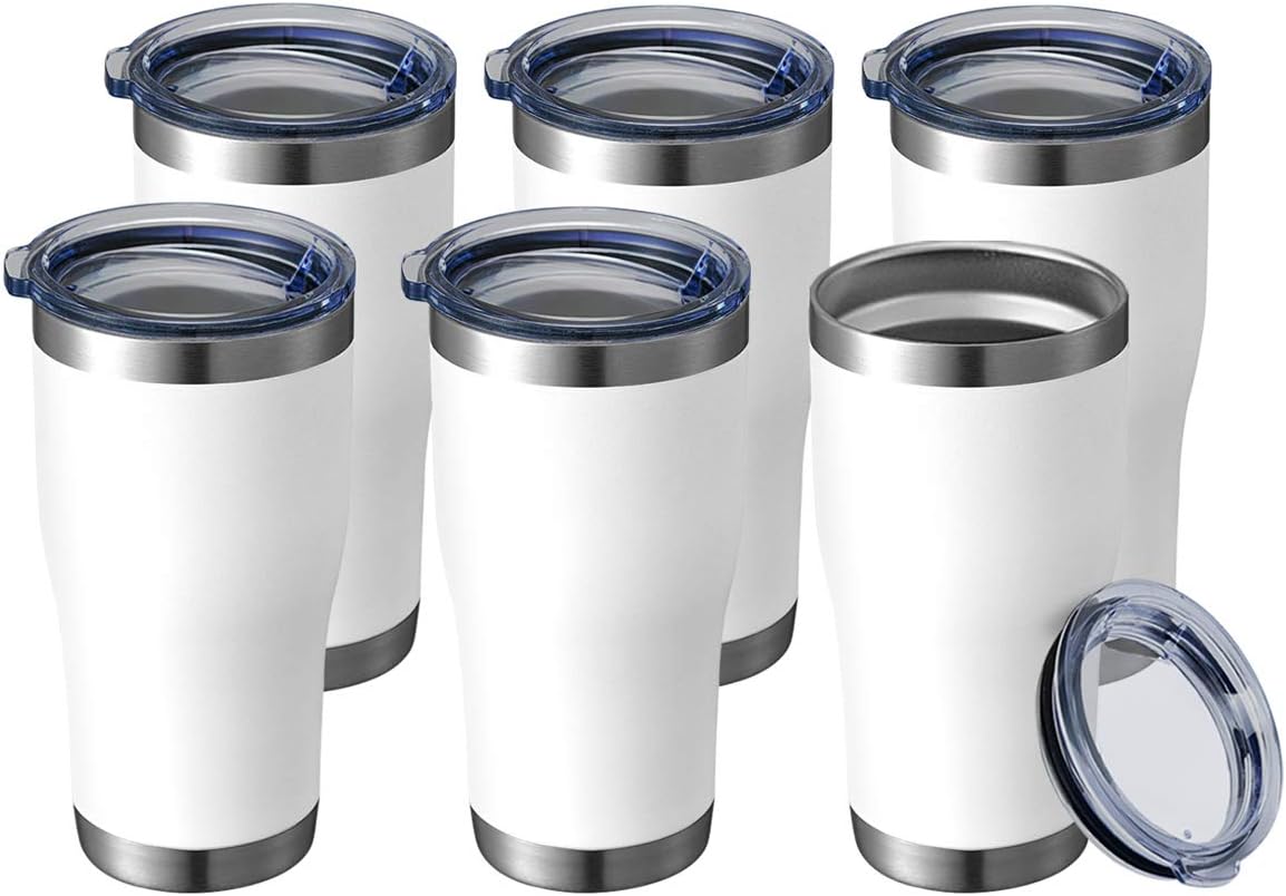 HASLE OUTFITTERS 20 oz Tumbler Bulk, Stainless Steel Tumblers with Lid, Vacuum Insulated Tumbler, Double Wall Powder Coated Cup, coffee mugs, White, 6 Pack