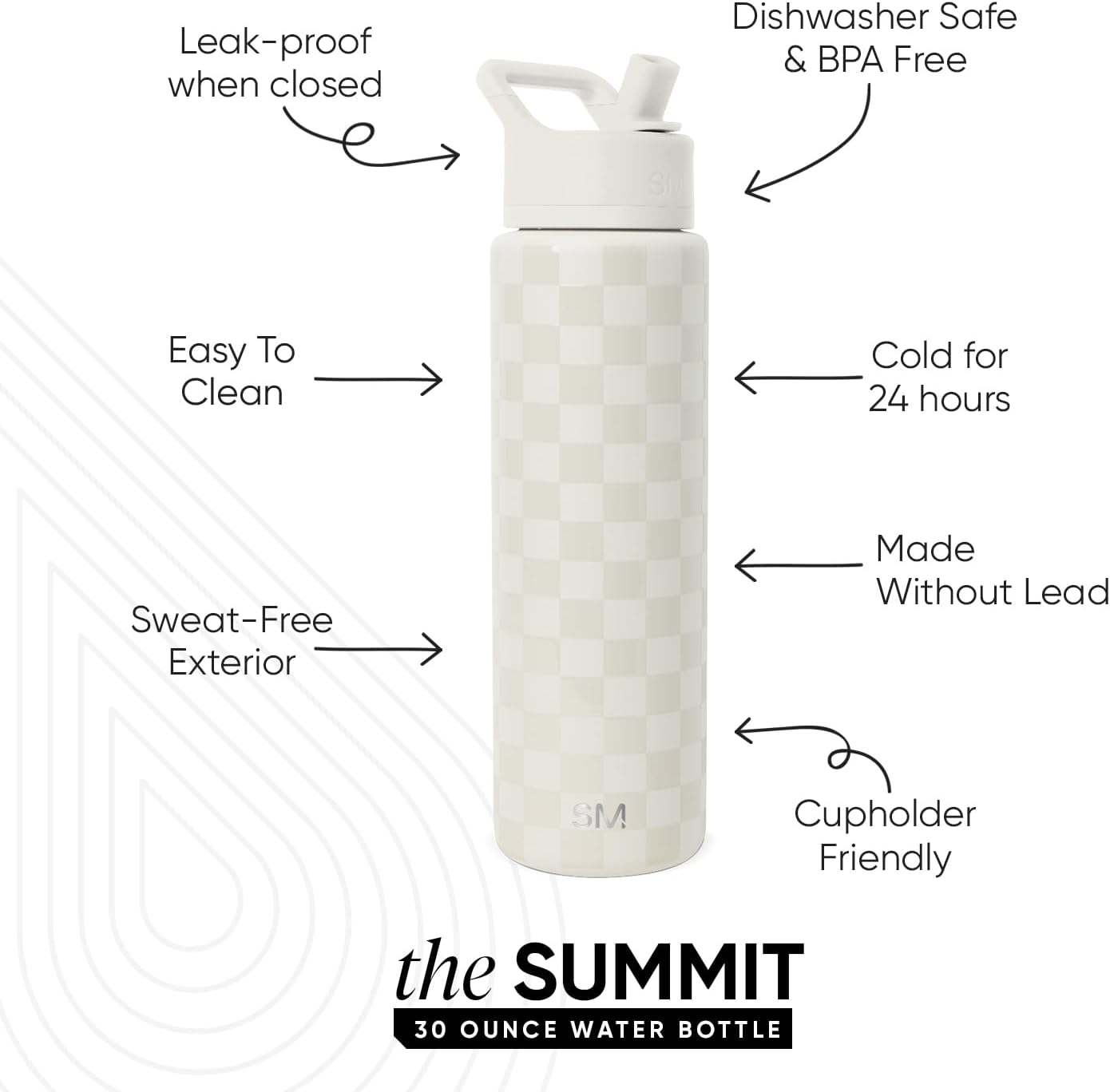 Simple Modern Water Bottle with Straw Lid | Vacuum Insulated Stainless Steel Metal Thermos | Reusable Leak Proof BPA-Free Flask for Sports Gym | Summit Collection | 30oz, Cream Checkmate