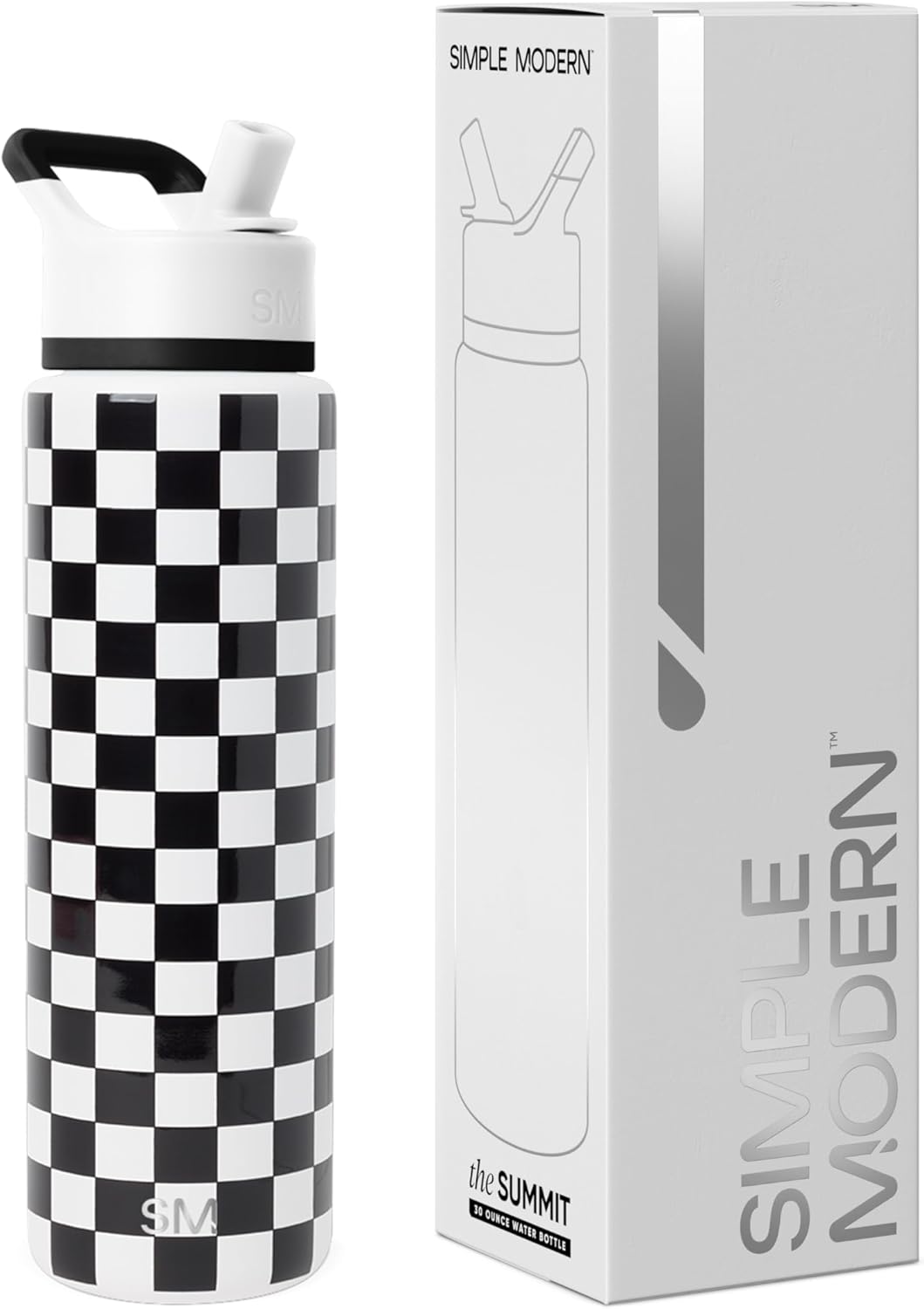 Simple Modern Water Bottle with Straw Lid | Vacuum Insulated Stainless Steel Metal Thermos | Reusable Leak Proof BPA-Free Flask for Sports Gym | Summit Collection | 30oz, Black and White Checkmate