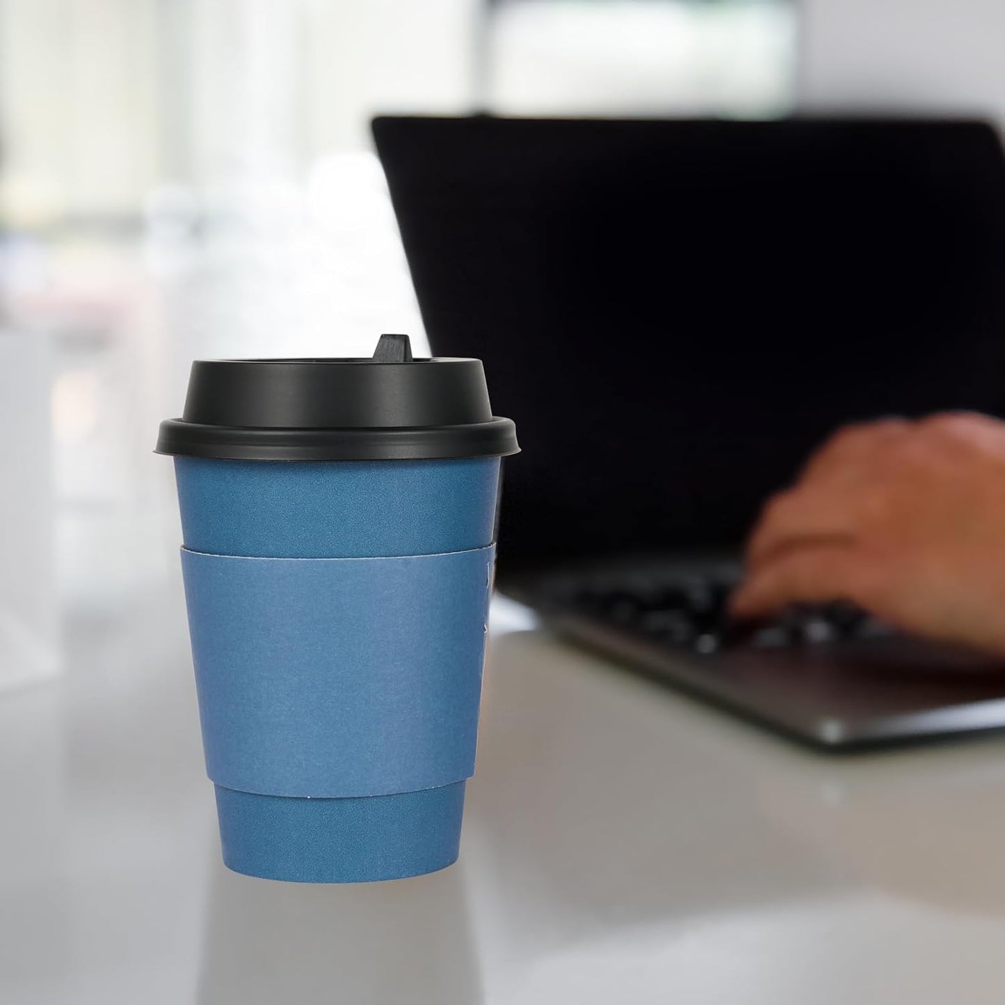 LITOPAK 100 Pack 12 oz Disposable Paper Coffee Cups with Lids, Sleeves and Stirring Sticks for Hot Coffee, Water or Juice, Blue and Gray Hot Paper Cups for Cafes, schools, offices, shops