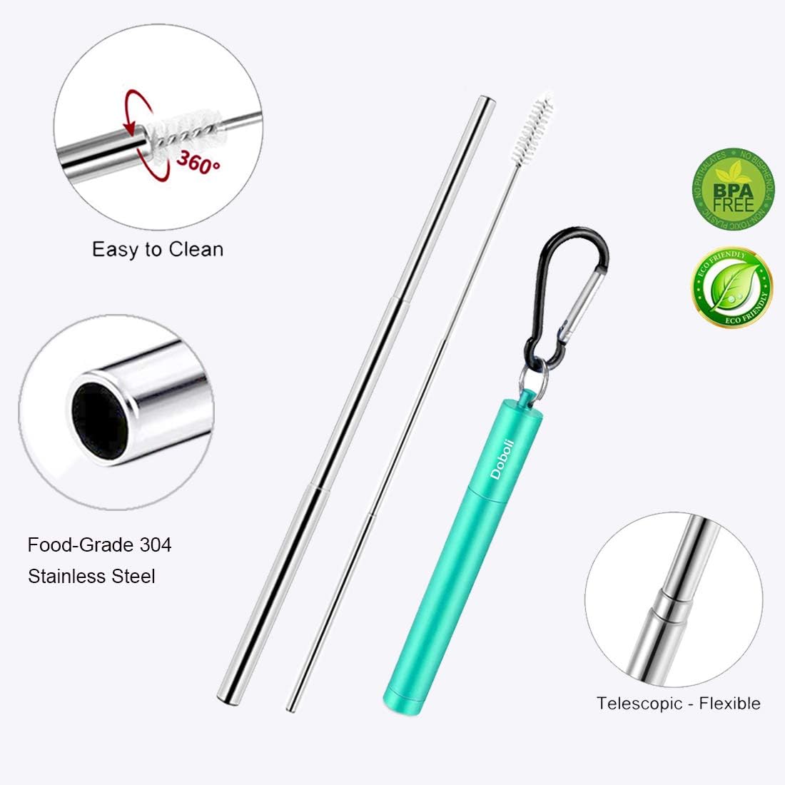 2 Pack Reusable Metal Straws Collapsible Stainless Steel Drinking Straw Travel Portable Telescopic Straw with Case,2 Cleaning Brushes Included Black/Turquoise